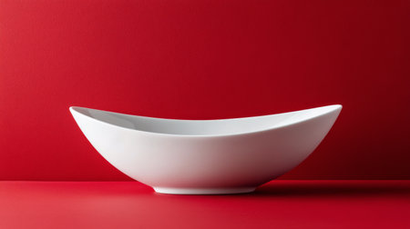 A sleek, modern white bowl rests on a vivid red background, highlighting its minimalist design and elegant curvature. The bowl's shape contrasts sharply with the bold color behind it.の素材