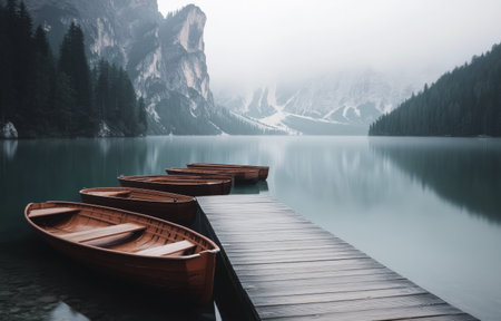 A peaceful morning at a mountain lake features a wooden pier with several boats moored alongside. The stunning backdrop includes rugged peaks and lush greenery, reflecting in calm waters.の素材