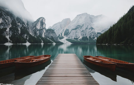 A peaceful morning at a mountain lake features a wooden pier with several boats moored alongside. The stunning backdrop includes rugged peaks and lush greenery, reflecting in calm waters.の素材