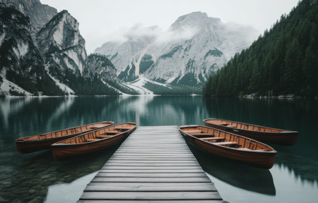 A peaceful morning at a mountain lake features a wooden pier with several boats moored alongside. The stunning backdrop includes rugged peaks and lush greenery, reflecting in calm waters.の素材