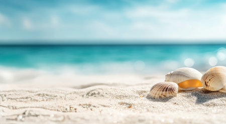A serene beach showcases a few seashells resting on the soft sand, with a clear blue ocean and clouds in the background, creating a tranquil atmosphere on a sunny day.の素材