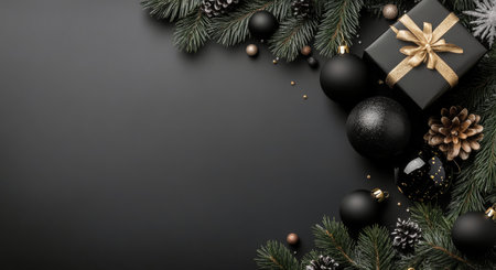 A festive arrangement features a black gift box with a gold ribbon surrounded by pine branches and decorative ornaments. The dark backdrop enhances the holiday ambiance and seasonal spirit.の素材