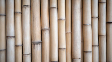 This display showcases a close-up of a bamboo wall, highlighting its natural textures and warm colors. The arrangement offers inspiration for eco-friendly interior designs or landscaping features.の素材