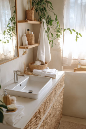 The stylish bathroom showcases a modern sink atop a wooden counter, accompanied by plush towels and decorative natural elements, creating a serene and inviting atmosphere.の素材