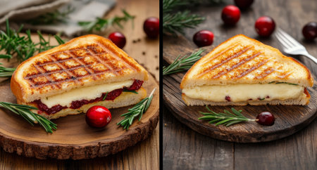 A mouthwatering grilled cheese sandwich, toasted to perfection, reveals melted cheese and vibrant cranberries. Garnished with fresh herbs and surrounded by rich colors, it tempts the senses.の素材