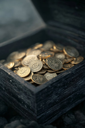 A weathered wooden chest filled to the brim with shiny gold coins sits on the ground surrounded by autumn leaves. The atmosphere is eerie and misty, adding a mysterious feel to the scene.の素材