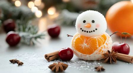 A charming snowman crafted from snow is surrounded by seasonal fruits, spices, and decorations that evoke a festive winter atmosphere. The arrangement includes oranges, berries, and cinnamon.の素材