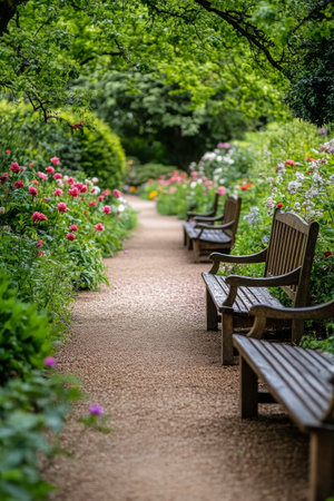 A peaceful garden path features wooden benches, surrounded by vibrant flowers and lush greenery. This inviting setting is perfect for relaxation and enjoying nature's beauty.の素材