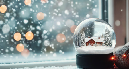 A snow globe features a miniature cabin surrounded by snow-covered pine trees, placed beside a frosted window. Snowflakes fall gently outside, creating a warm winter atmosphere.の素材