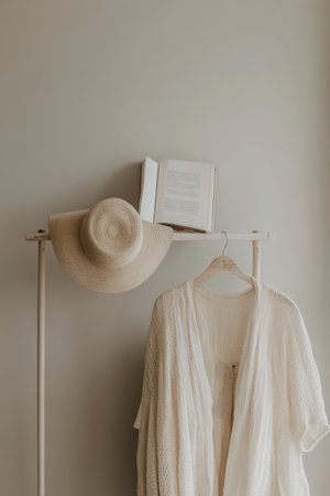 A serene space showcases a neutral wall with a stylish clothing rack displaying a light cover and a sun hat. Above, an open book rests invitingly, ideal for leisurely reading.の素材