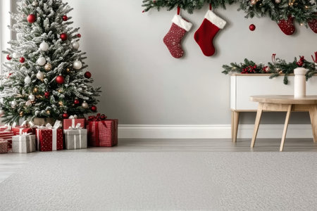 A cozy living room features a beautifully decorated Christmas tree adorned with ornaments and lights. Colorful wrapped presents are arranged neatly beneath the tree, creating a festive atmosphere.の素材