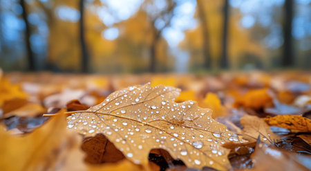 Raindrops glisten on vibrant yellow autumn leaves scattered across a wet forest ground, creating a serene and colorful landscape filled with the essence of fall.の素材
