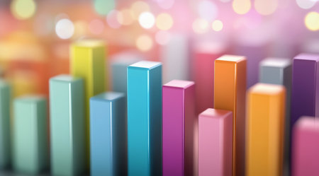 A collection of tall, colorful blocks stands in a series, displaying various vibrant shades against a softly blurred bokeh background, enhancing the overall artistic effect.の素材