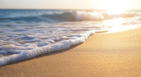 Soft waves roll onto a pristine sandy beach under the warm glow of the setting sun, creating a serene atmosphere. The water sparkles, reflecting the golden hues of dusk.の素材
