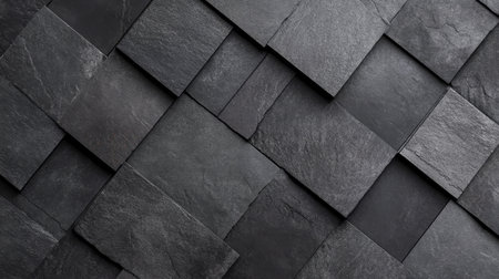 The layered tiles create a captivating pattern of dark slate, showing various sizes and angles, perfect for contemporary design elements. This textured surface exudes sophistication.の素材
