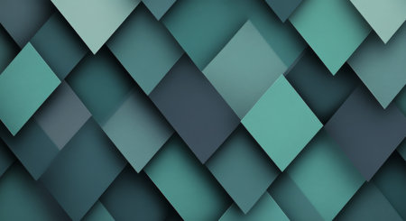 Layers of geometric shapes in various dark green tones overlap to form an eye-catching abstract design. The arrangement highlights depth and texture in a contemporary artistic style.の素材