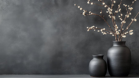 Two sleek black vases hold delicate branches with soft blossoms, placed against a dark textured wall. This arrangement creates a serene and stylish ambiance suitable for interior decor.の素材