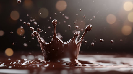 Rich chocolate forms an intricate crown shape as it splashes against a smooth surface. Soft lighting enhances the glossy texture, creating an enticing and artistic visual effect.の素材