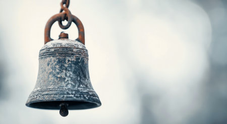 The bell, weathered and covered in frost, hangs from a rusty chain, surrounded by a misty winter landscape. Soft light reflects off its textured surface, creating a serene atmosphere.の素材