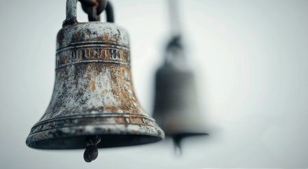 The bell, weathered and covered in frost, hangs from a rusty chain, surrounded by a misty winter landscape. Soft light reflects off its textured surface, creating a serene atmosphere.の素材