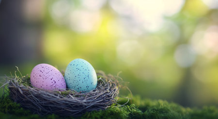 Delicate Easter eggs in soft pastel colors rest in a small bird's nest, surrounded by lush greenery on a serene spring morning. The warm sunlight adds a gentle glow to the scene.の素材