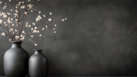 Two sleek black vases hold delicate branches with soft blossoms, placed against a dark textured wall. This arrangement creates a serene and stylish ambiance suitable for interior decor.の素材