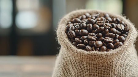 A burlap sack filled with freshly roasted coffee beans sits on a rustic wooden table, with some beans scattered around it. The warm, blurred background enhances the inviting atmosphere.の素材