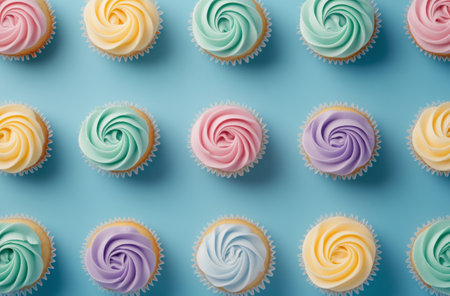 A tempting display of cupcakes lined up in pastel colors, featuring swirled frosting in delightful shades, creating an inviting dessert presentation perfect for any celebration.の素材