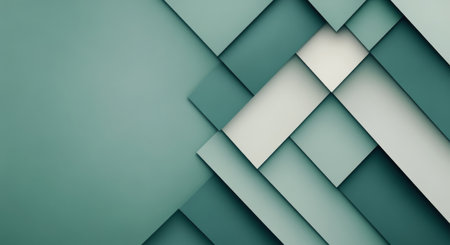 Layers of geometric shapes in various dark green tones overlap to form an eye-catching abstract design. The arrangement highlights depth and texture in a contemporary artistic style.の素材