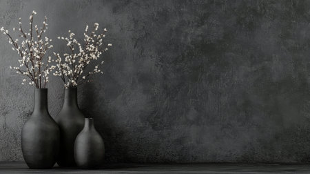Two sleek black vases hold delicate branches with soft blossoms, placed against a dark textured wall. This arrangement creates a serene and stylish ambiance suitable for interior decor.の素材