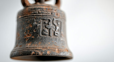 The bell, weathered and covered in frost, hangs from a rusty chain, surrounded by a misty winter landscape. Soft light reflects off its textured surface, creating a serene atmosphere.の素材