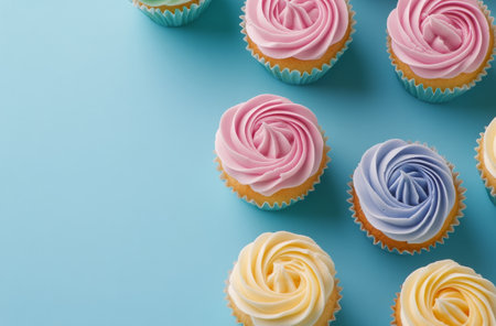 A tempting display of cupcakes lined up in pastel colors, featuring swirled frosting in delightful shades, creating an inviting dessert presentation perfect for any celebration.の素材