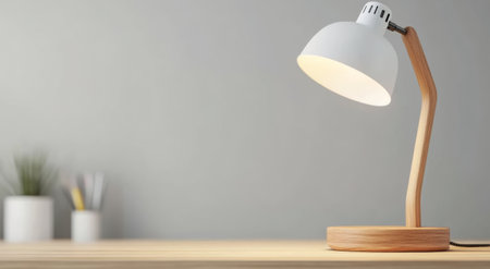 A sleek desk lamp with a white shade and wooden base shines brightly on a minimalist workspace. The setting includes subtle decor with a hint of greenery and stationery in the background.の素材