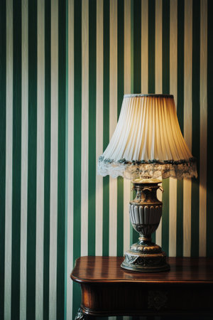 A vintage table lamp with a pleated shade illuminates a small round table in a room featuring green striped walls. The soft light creates a cozy atmosphere in the evening.の素材