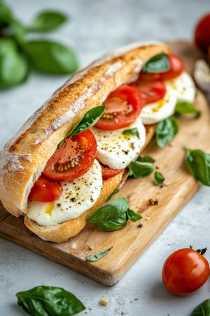 A fresh sandwich made with mozzarella cheese, ripe tomatoes, and fresh basil leaves is beautifully arranged on a wooden cutting board, complemented by cherry tomatoes and basil scattered around.の素材