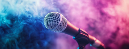 A microphone stands prominently against a backdrop of swirling pink and blue smoke, creating an energetic atmosphere for a night event. The colors enhance the excitement of the moment.の素材