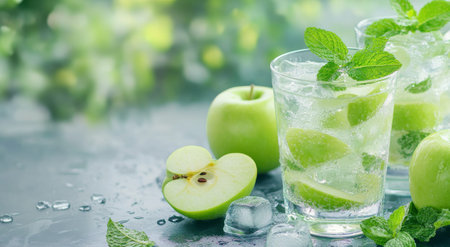 A crisp drink made with sliced green apples and mint leaves rests in a glass filled with ice. Fresh green apples are scattered in the background, enhancing the refreshing vibe.の素材