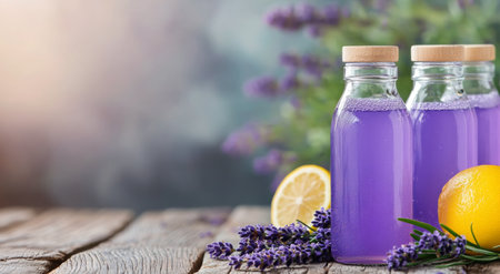 Two glass bottles filled with vibrant lavender lemonade stand next to fresh lemon slices, showing a blend of flavors and colors. Green herbs add freshness to the rustic setting.の素材
