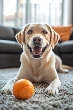 A happy Labrador retriever lies on a soft rug, looking playful next to a bright orange ball. The well-lit room features a comfortable couch and colorful cushions, creating a welcoming atmosphere.の素材