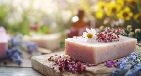 A handcrafted soap bar adorned with dried flowers rests on a wooden cutting board. Natural ingredients and decorative bowls filled with herbal elements surround it, enhancing the organic aesthetic.の素材