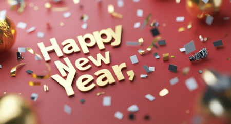 A vibrant display for the New Year featuring colorful confetti, cheerful decorations, and a joyful Happy Year sign. The scene exudes a festive spirit, perfect for welcoming the new beginnings.の素材