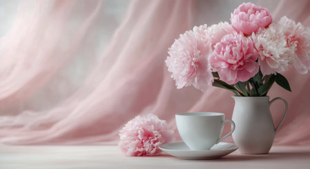 A vase filled with soft pink peonies is next placed to a delicate cup on a table. The background features a gentle pastel hue, creating a serene and calming atmosphere.の素材