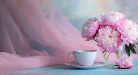 A vase filled with soft pink peonies is next placed to a delicate cup on a table. The background features a gentle pastel hue, creating a serene and calming atmosphere.の素材