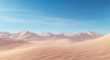 The endless expanse of golden sand dunes stretches out under a bright blue sky. Gentle ridges and valleys create a serene atmosphere in this quiet desert environment.の素材