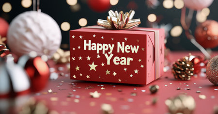 A vibrant red gift box labeled Happy New Year sits on a table adorned with shimmering decorations, celebrating the joy of the New Year with a festive ambiance and sparkling confetti.の素材