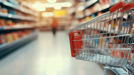 An empty shopping cart stands alone in a brightly lit supermarket aisle filled with various products. The cart is positioned towards the center, inviting shoppers to fill it.の素材