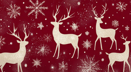A vibrant red textile design showcases graceful white reindeer and delicate snowflakes, capturing the spirit of the winter holidays, perfect for festive decorations and seasonal crafts.の素材