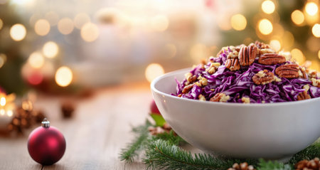 A vibrant purple cabbage salad topped with crunchy pecans is placed in a wide bowl, surrounded by twinkling holiday lights and decorative ornaments, creating a warm, festive atmosphere.の素材