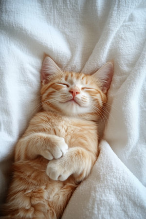 An adorable orange kitten lies peacefully on its back, eyes closed and paws crossed, nestled in a plush white blanket, creating a serene atmosphere in a cozy indoor space.の素材