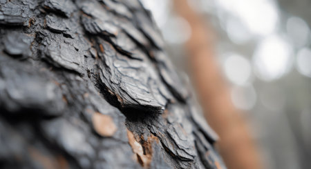 The rough, blackened bark reveals the aftermath of a forest fire, showing nature's resilience in a wild environment. New life often emerges from these challenging conditions.の素材